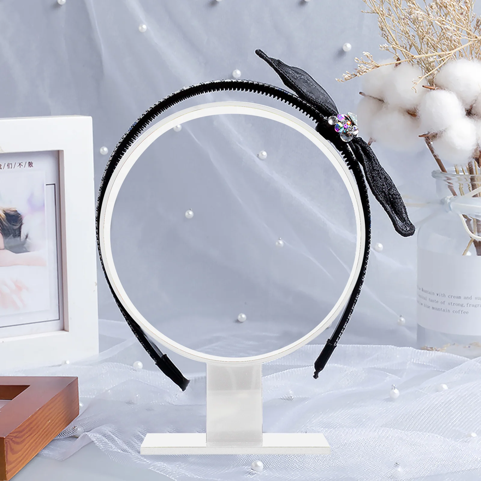 Espositore per fascia per capelli di forma rotonda Supporto per rack in acrilico per organizer per copricapo da donna Supporto per fascia da toeletta