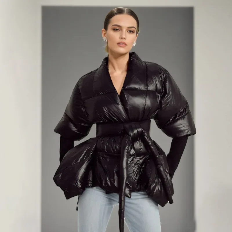 

New Design High Street Parkas for Women Black V Neck Slimming Long Sleeve Spliced Lace Up Irregular Hem Winter Women Clothing