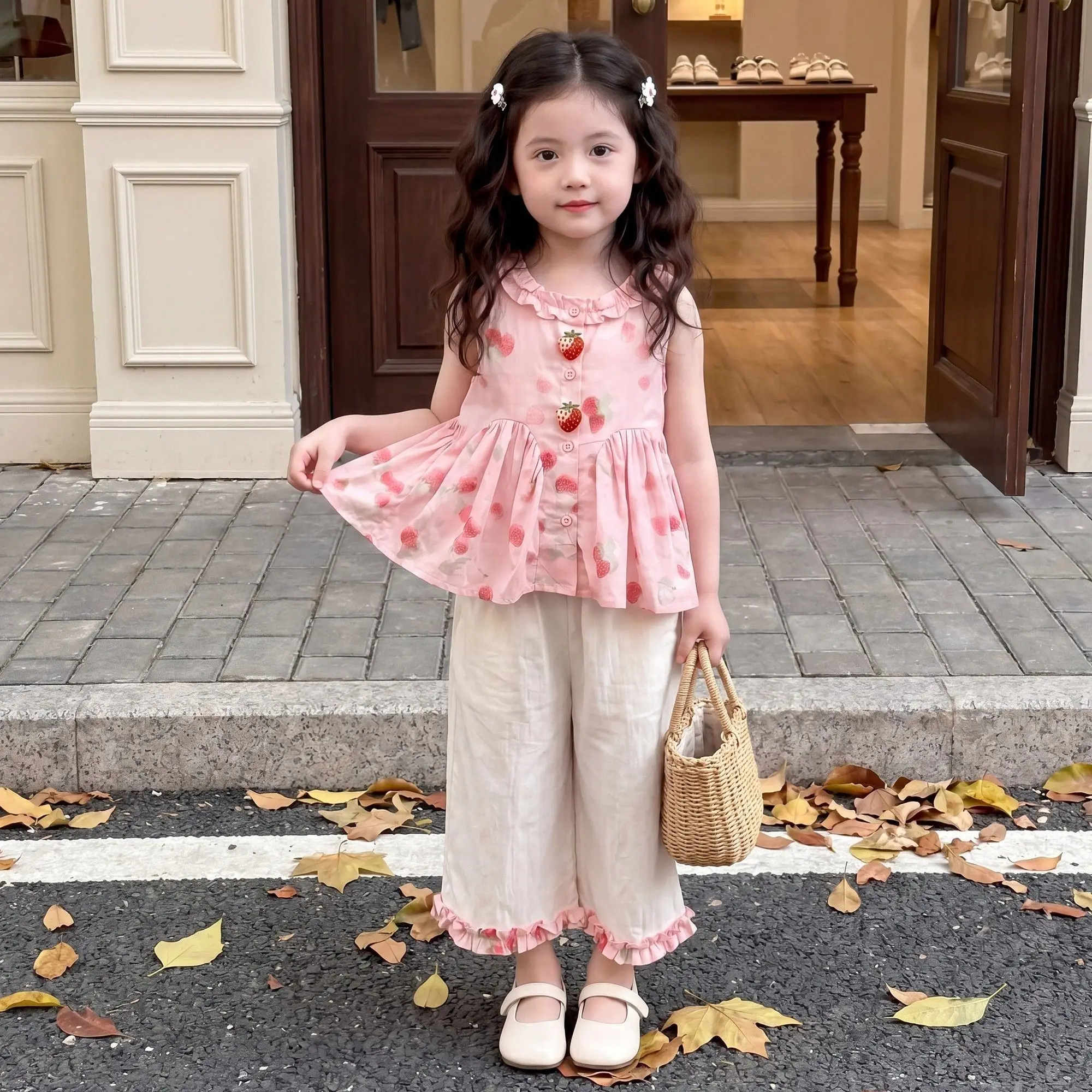 Summer Elegance Princess Clothing Soft Cute Sleeveless Strawberry Top+Loose Pants 2Pcs Girls Sets Childrents Kid Elegance Party