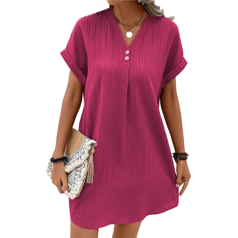 【SEE】Summer Dresses For Women 2025 Casual Button V Neck Short Sleeve Tunics A Line Ribbed Mini T Shirt Dress