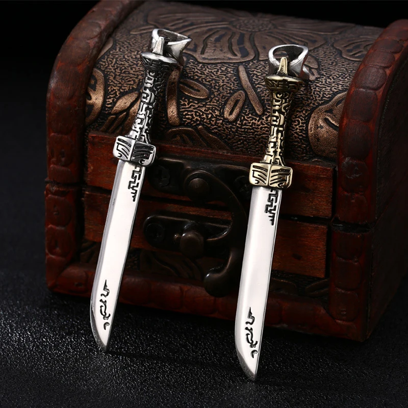 S925 Sterling Silver Sword Pendant Black Color Old Process Relief Design Unisex Fine Jewelry FYNE378