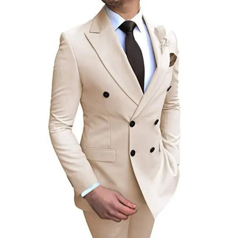 

2024 Men's 2-piece set Double-breasted Business Fashion Slim-fit blazer pants Solid color