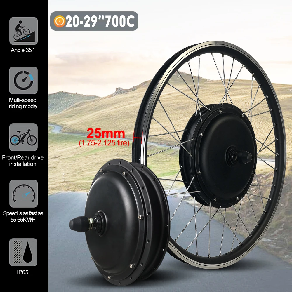 48V 2000W Ebike Conversion Kit Rear Rotate Gearless Brushelss Hub Motor Wheel 26"27.5" 700C Electric Bike Bicycle Conversion Kit