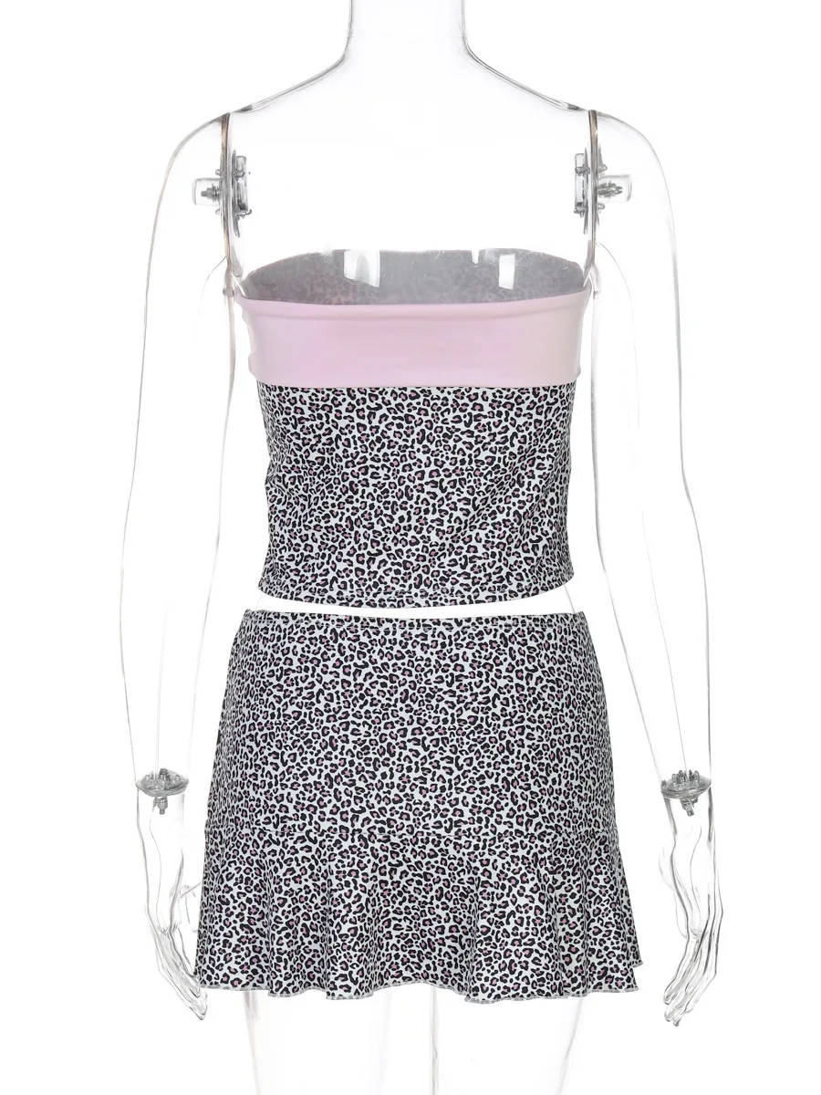 ピンクボム スパイシーガール トレンディ ミレニアム Y2K セット ストラップトップまたはスカート スウィートガール レオパードプリント INS 着痩せファッショナブルな衣装