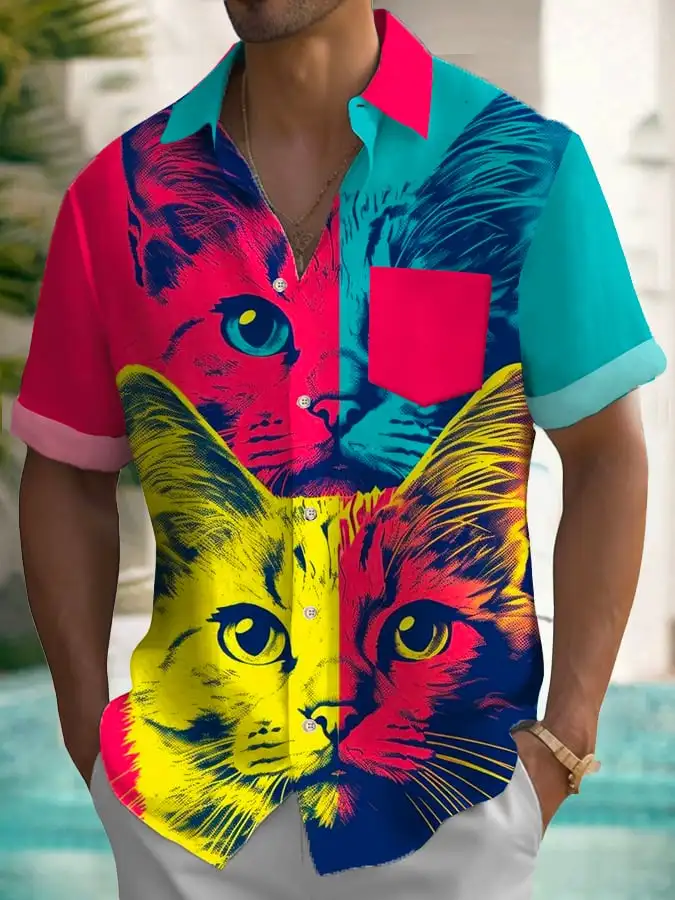 

2025 Summer New Cute Kitten Print Hawaii 3D Unique Beach Hawaiian Red Men's Shirt Men's Lapel Single Breasted Short Sleeve