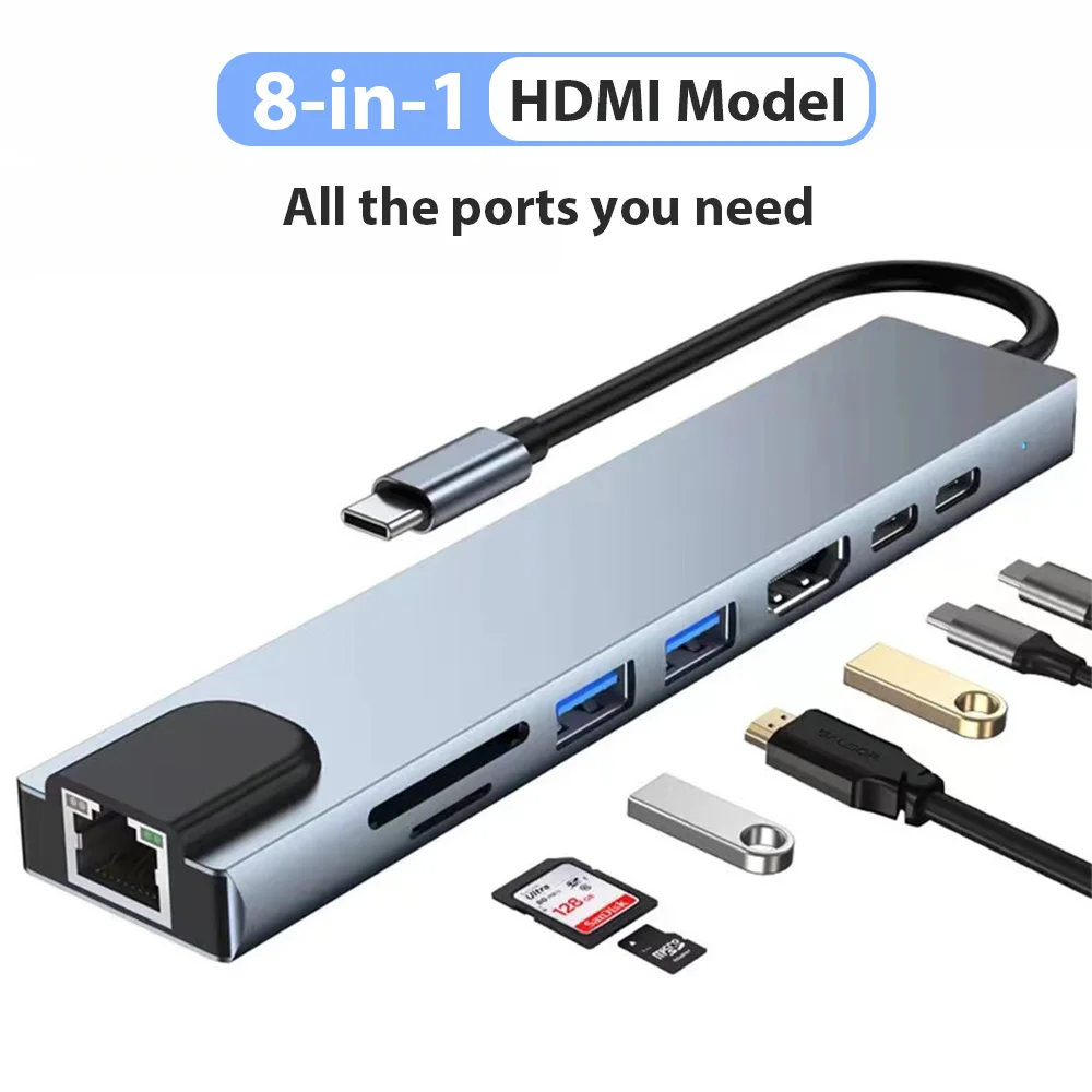 

USB Hub 8 In 1 Type C 3.1 To 4K HdTV Hub Adapter with RJ45 SD/TF Card Reader PD Fast Charge for MacBook Notebook Laptop Computer