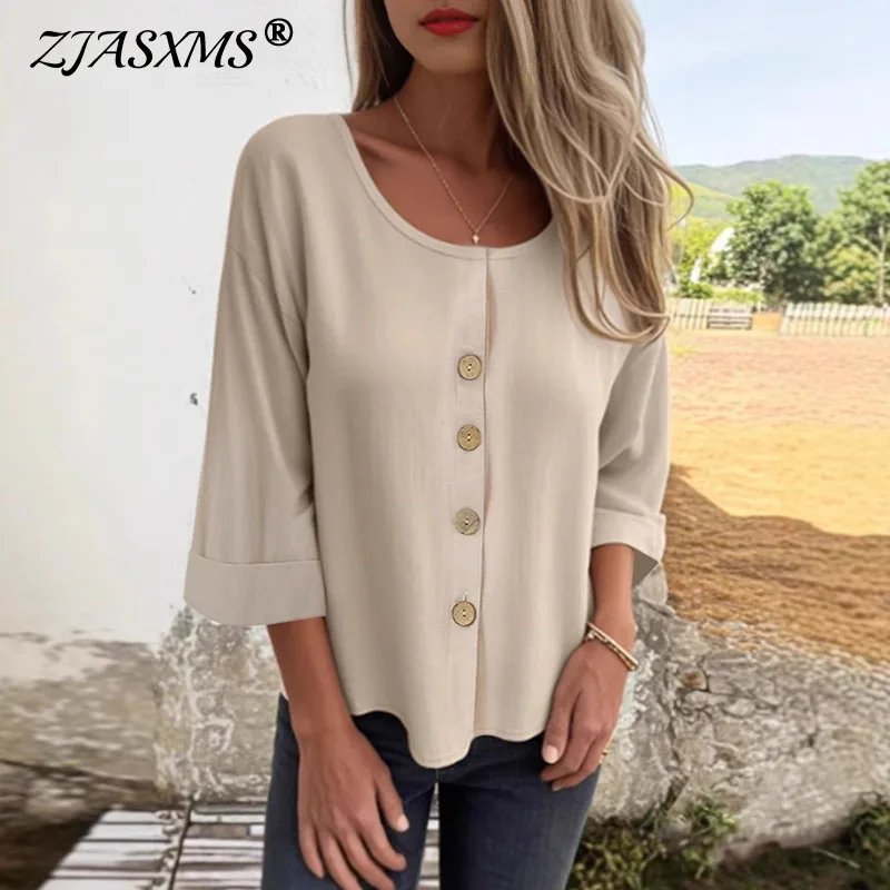 

Simple Fashion Solid Cotton Linen Blouse Woman Elegant Crew Neck Button Top Pullover Autumn 3/4 Sleeve Loose Female Shirt Blusas