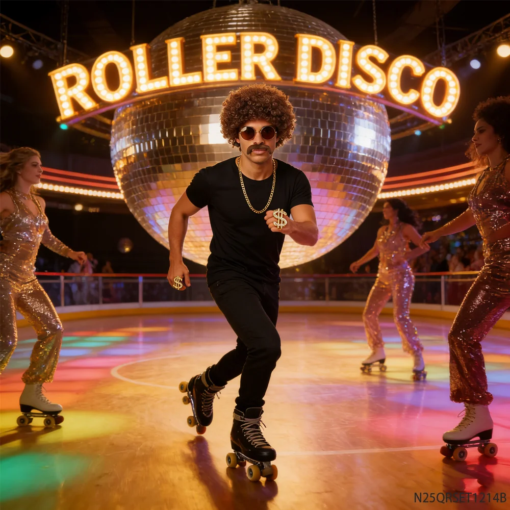 Zestaw kostiumowy w stylu retro hip hop z lat 90. - kręcona peruka, okulary przeciwsłoneczne, złoty łańcuszek, spinki do mankietów w kształcie dolarów, akcesoria imprezowe