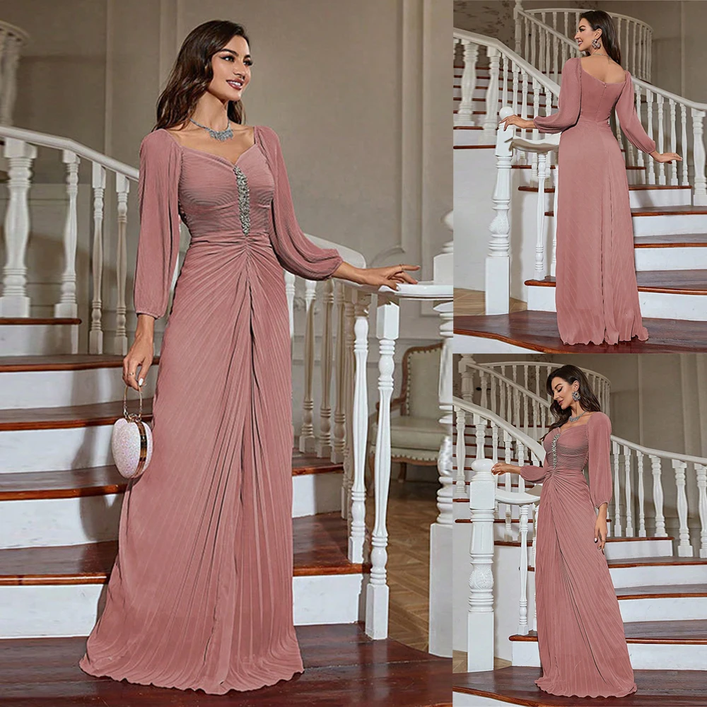 Chiffon rosa Abaya diamante pieghettato moda donna musulmana manica lunga maxi abiti Turchia Eid abito da festa abiti da sera abbigliamento