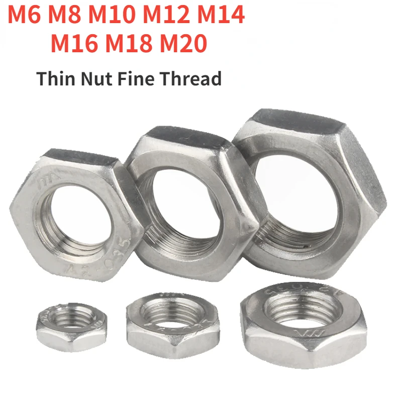 M6 M8 M10 M12 M14 M16 M18 M20 304 Stainless Steel  Hexagon Thin Nut Fine Thread Fine Nut Bolt Screw Hexagon Nut