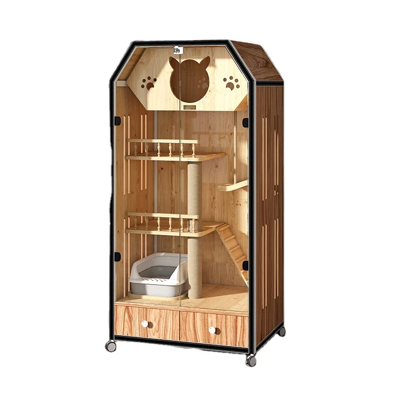 

2026 New Solid Wood Pet House Indoor Multi- Layer Luxury Cat Villa Hot Sell Customized Custom Logo Carton Wooden Cat House