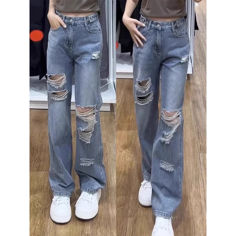 Jean coréen à trous pour femmes, pantalon Long en Denim, ample, taille haute, droit, grande taille, Cowboy, jambes larges, nouvelle collection printemps été
