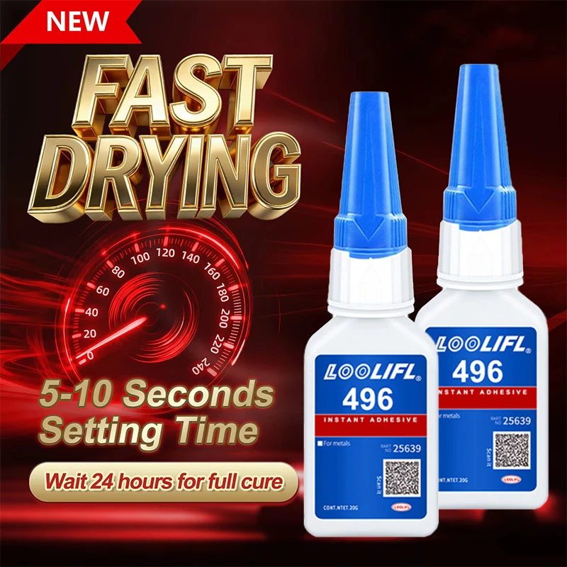 Loolifl496 Colle à séchage rapide à forte adhérence, colle cyanoacrylate à prise rapide pour le métal, colle liquide transparente à prise rapide en 5 à 10 secondes, robuste, idéale pour une liaison permanente et résistante du métal, de l'aluminium, de l'acier, du fer et des plastiques durs, colle à séchage rapide pour réparations industrielles et domestiques, travaux manuels, 20g, colle super forte à pointe de précision