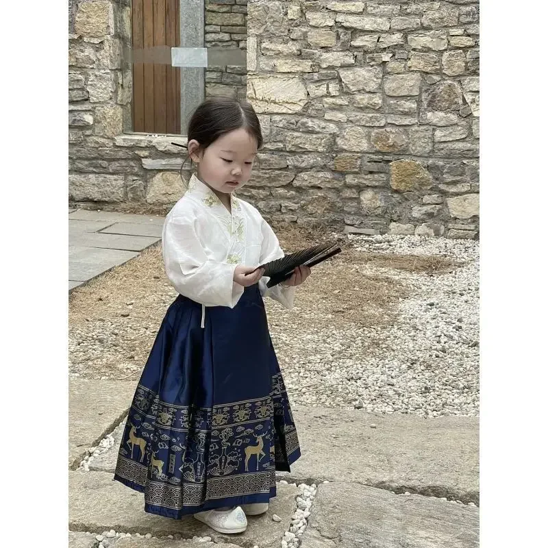 

Elegant Children Hanfu Suit White Cross Collar Shirt Dark Blue Horse Face Skirt Traditional Chinese Dress Girl Birthday Dress