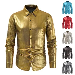 Men'S New Shirts Trend Shiny Long-Sleeved Solid Button Shirts Daily Causal Party Stage Performance Fashion Basic Shirts