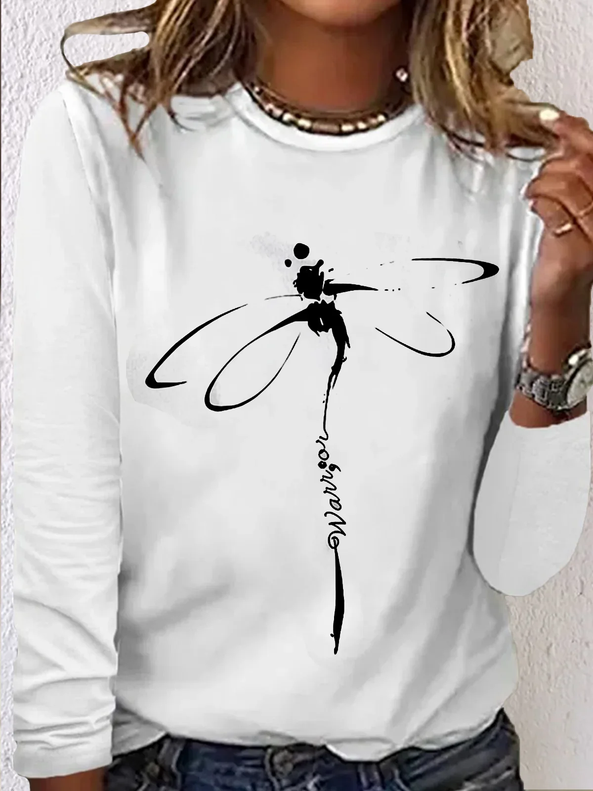 Autumn Women Long Sleeves Round Neck Oversized T Shirt For Women Black Fashion Ladies T-Shirt Dragonfly Print Top Casual Clothes