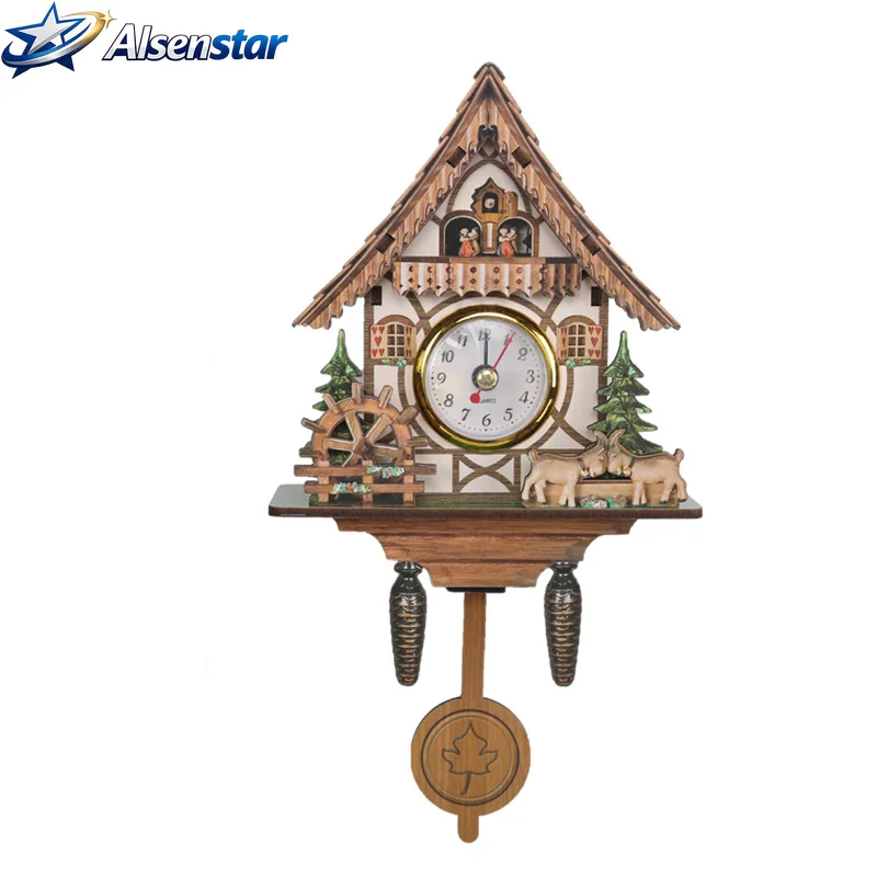 Cuckoo Clock Wooden Wall Clock Vintage Nordic Rustic Pendulum Bird Sound Battery Operated Living Room Office Kitchen Decor Gift