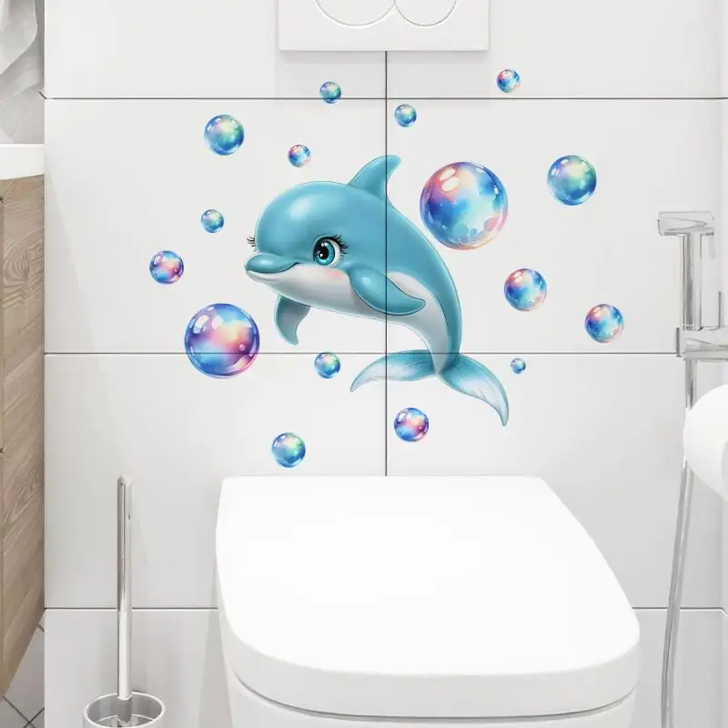 Glow-in-the-Dark Dolphin Bubbles Wall Stickers Ocean Theme Kids Room Decor Removable Self-Adhesive Toilet Decals For Bathroom