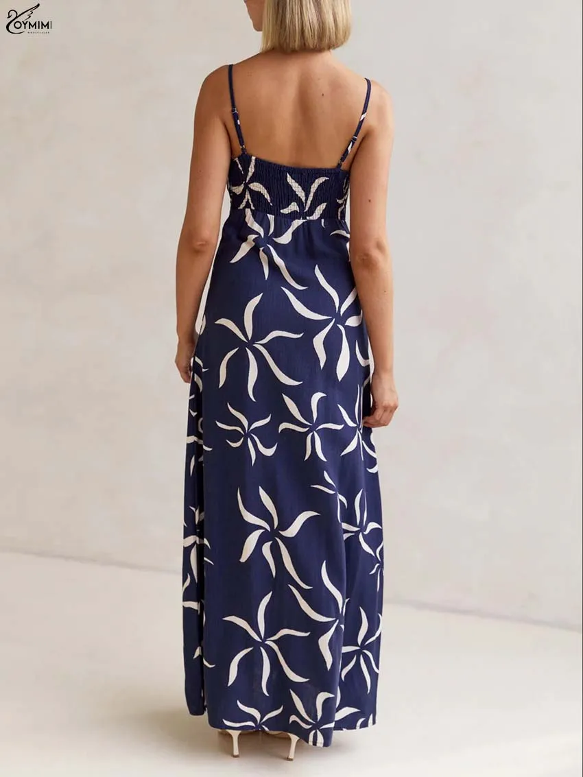 Oymimi Autumn Blue Print Dresses For Woman Fashion Spaghetti Strap Open Back Slim Dresses Casual Straight Floor-Length Dress