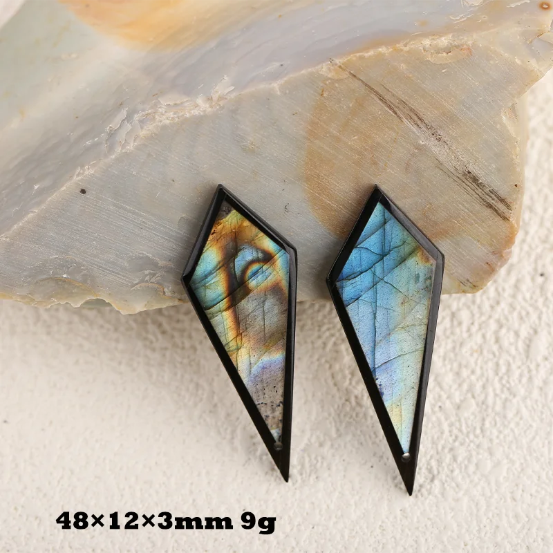 Natural Gemstone Labradorite & Obsidian Nugget Earrings - DIY Handmade Jewelry 50×20×3mm ，9.6g