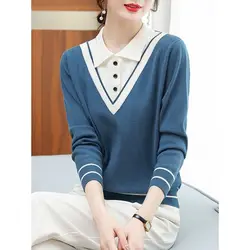 Autumn Winter Office Lady Simplicity Patchwork Turn-down Collar Long Sleeve Pullovers Women Clothes All-match Buttons T-Shirts