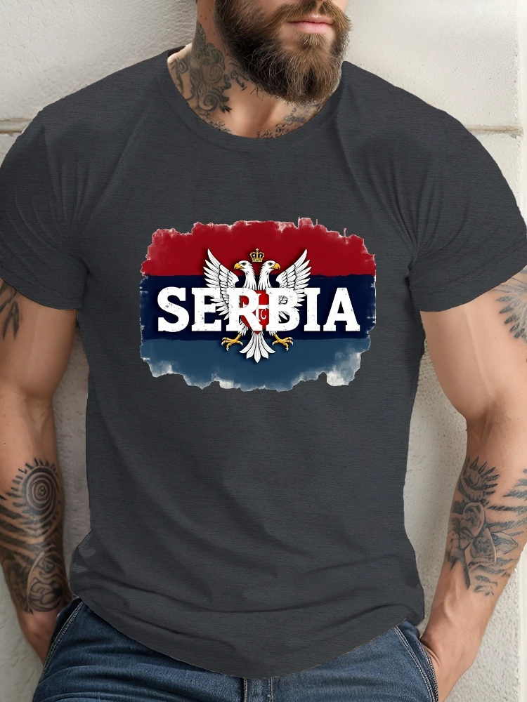 

Serbia Flag Coat of Arms Patriotic Graphic design -100% cotton summer casual O-neck short sleeve printed men's T-shirt.