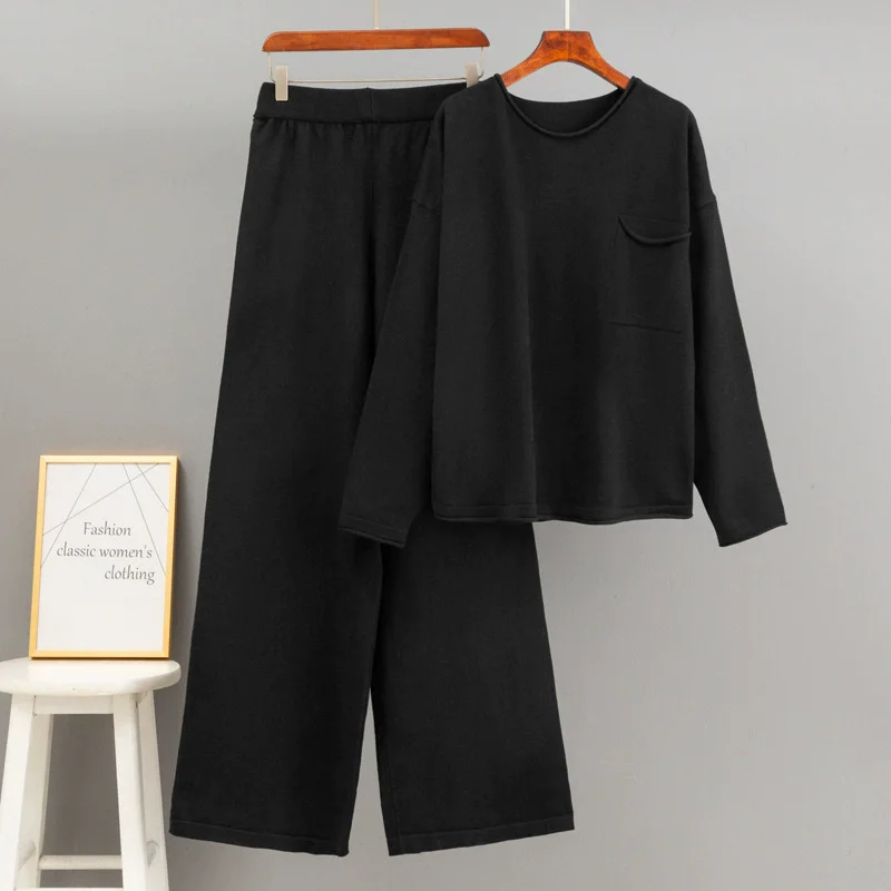 Design coreano nova malha 2 peça define feminino o-pescoço malha solta camisola pulôver topos conjuntos de cintura alta calças retas outfit