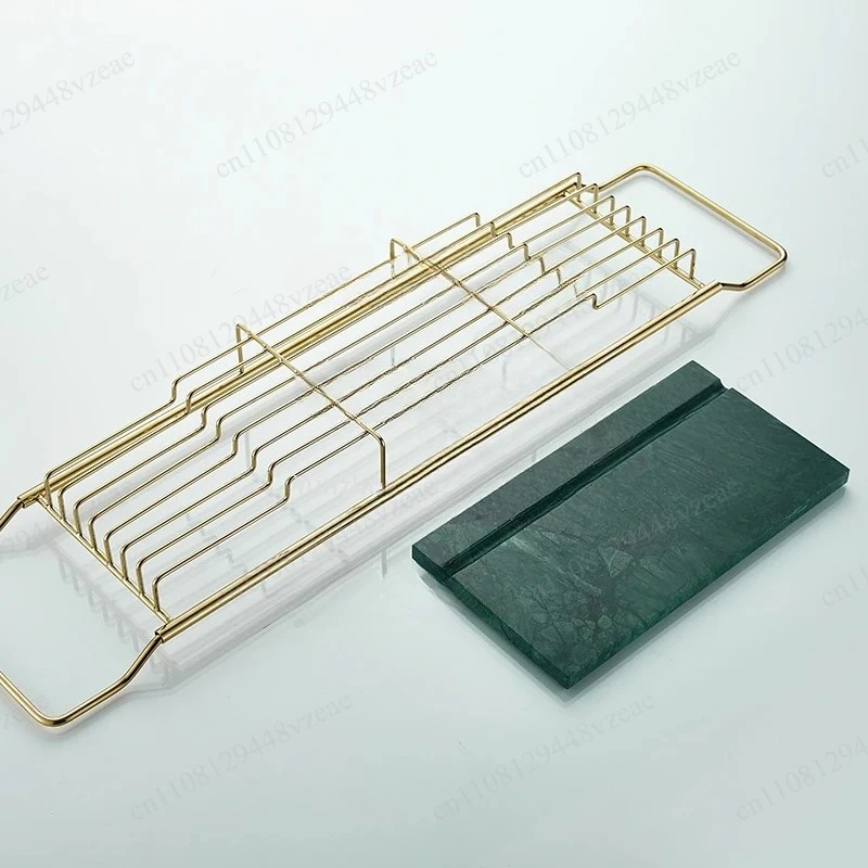with Extended Sides Telescopic Non-Slip Shelf Bathtub Table for Bath Time Natural Marble Stainless Steel Bathtub Tray
