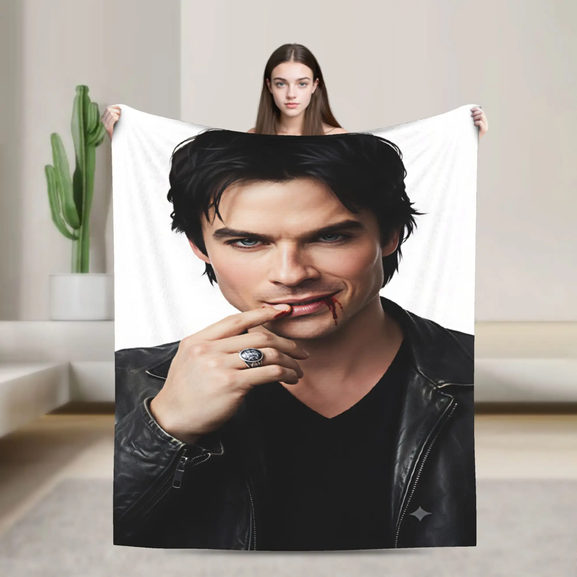 Damon Salvatore Smirk Studio Portrait Warm Soft Blanket Plush Throw Blanket Print Living Room Flannel Bedspread Sofa Bed Cover