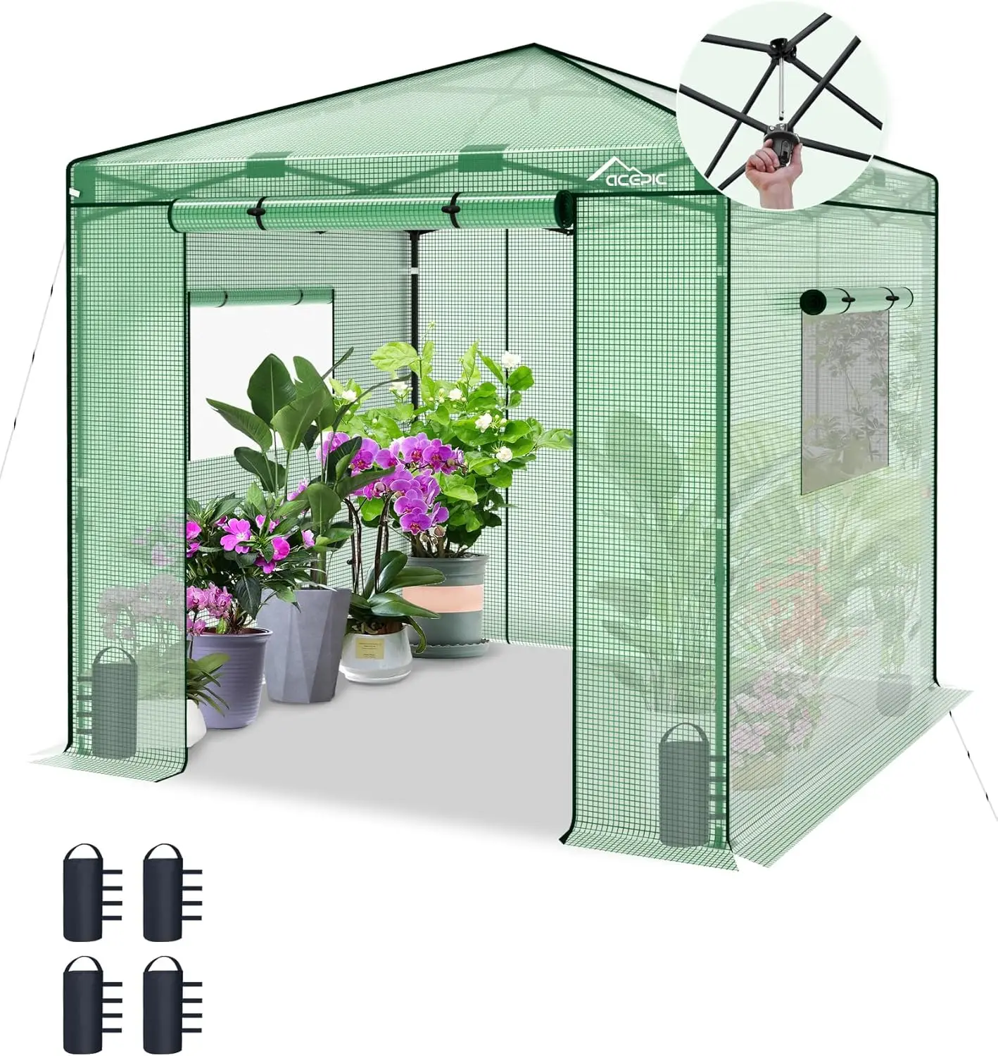 All Season Indoor/Outdoor Portable Greenhouse with PE Cover, Green/Clear, 4 Sandbags, Roll-Up Zipper Doors and Side Windows