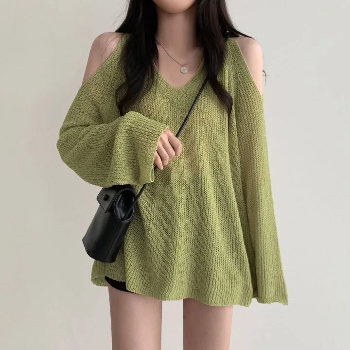 

Off Shoulder Korean Women Pullover Chic V-Neck Loose And Lazy Casual Sun Protection Solid Color Long Sleeved Knitting Top