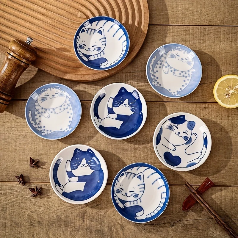 4pcs Japanese Ceramic Dessert Plates, Sauce Dishes, Creative Cute Cartoon Lucky Cat Pattern Fruit Sushi Plates, For  Kitchen Res