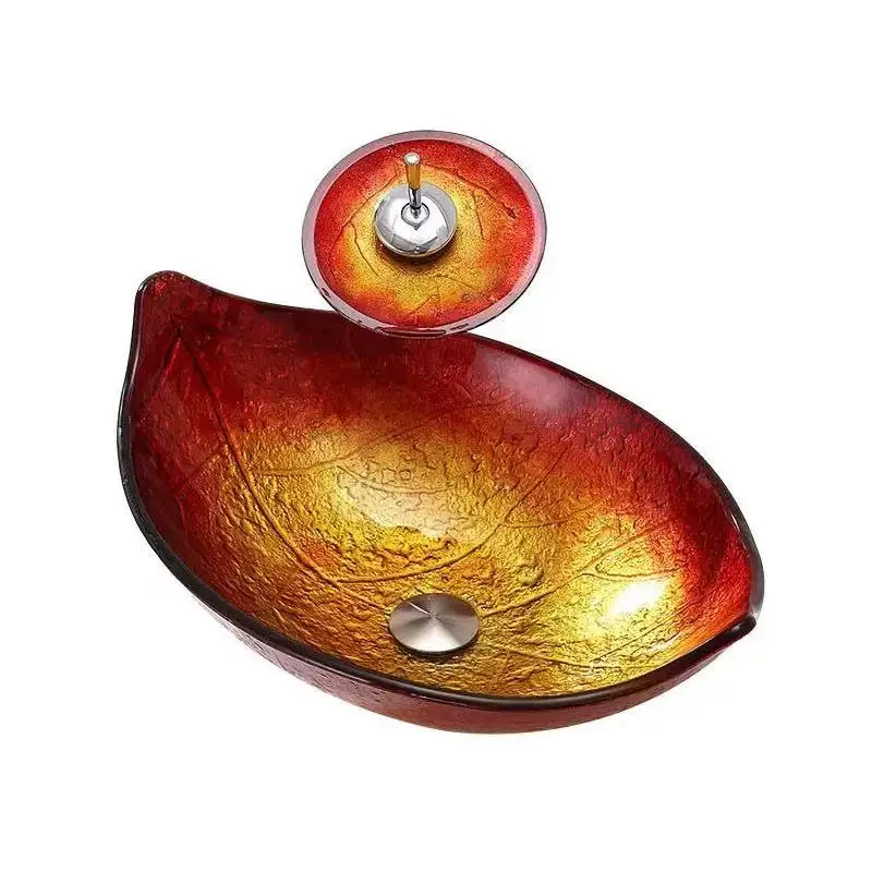 j* Hot Sale Hand Painted Colorful Leaf Shape Tempered Glass Basin 12mm Thickness Modern Bathroom Red Vessel Bowl Sink