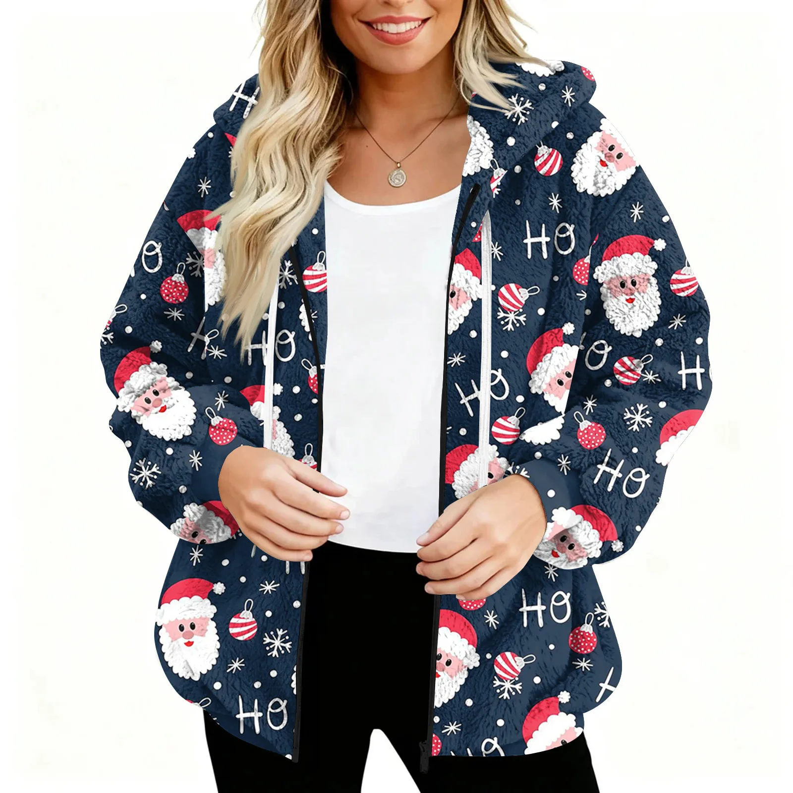 

Плюшевая куртка с капюшоном с рождественским принтом для женщин, модная повседневная толстовка на молнии с капюшоном на шнурке, меховая толстовка, куртки, осеннее пальто