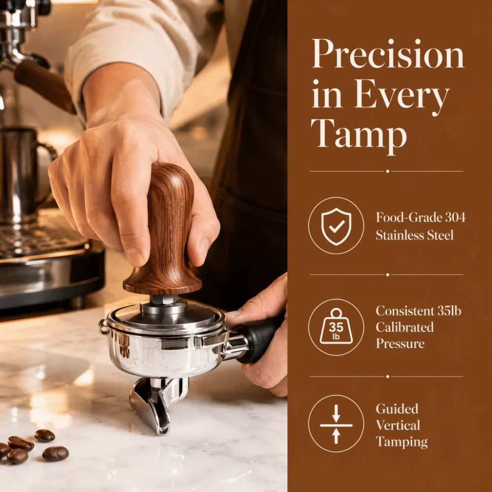 51mm Diameter Espresso Tamper Set Stainless Steel Base Calibrated Design Espresso Accessories Kit Wooden Handle Spring Loaded