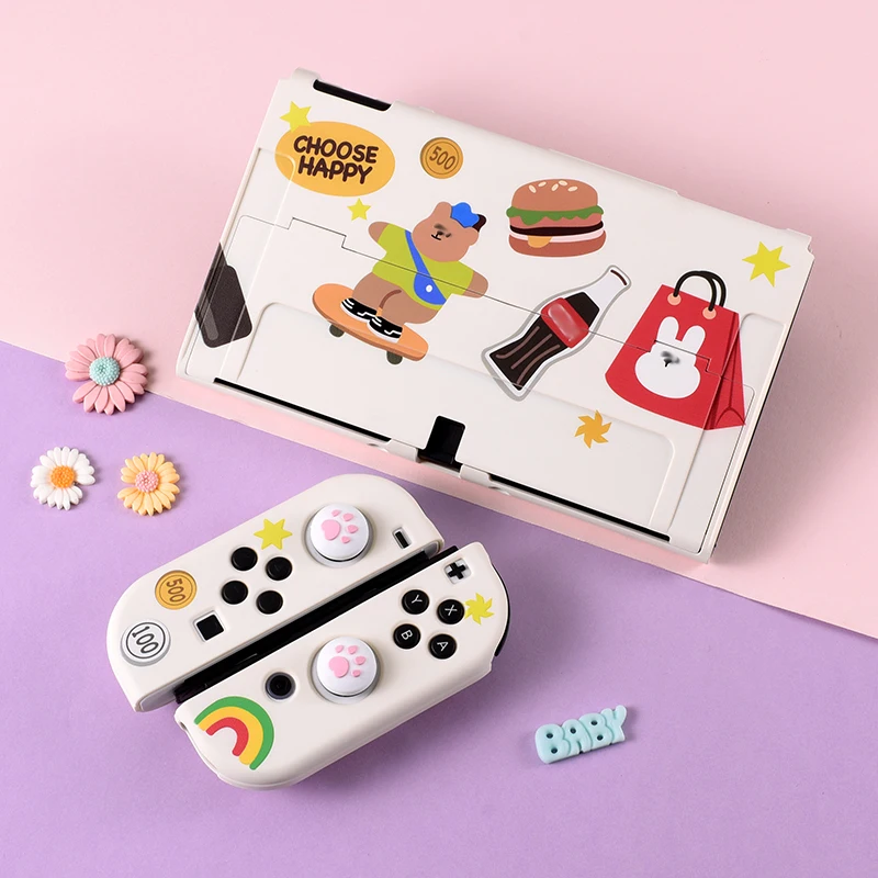 

Switch OLED Protective Shell Cute Bear PC Hard Cover with thumb grip Caps For Nintendo Switch OLED NS Joycon Console Accessories