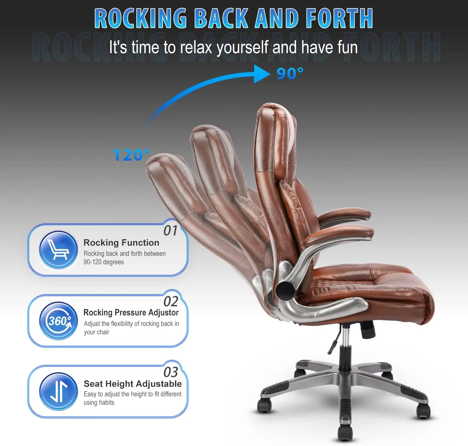 كرسي مكتب من الجلد البني بأذرع، كرسي تنفيذي مريح عالي الظهر مع عجلات، دعم هزاز وأسفل الظهر