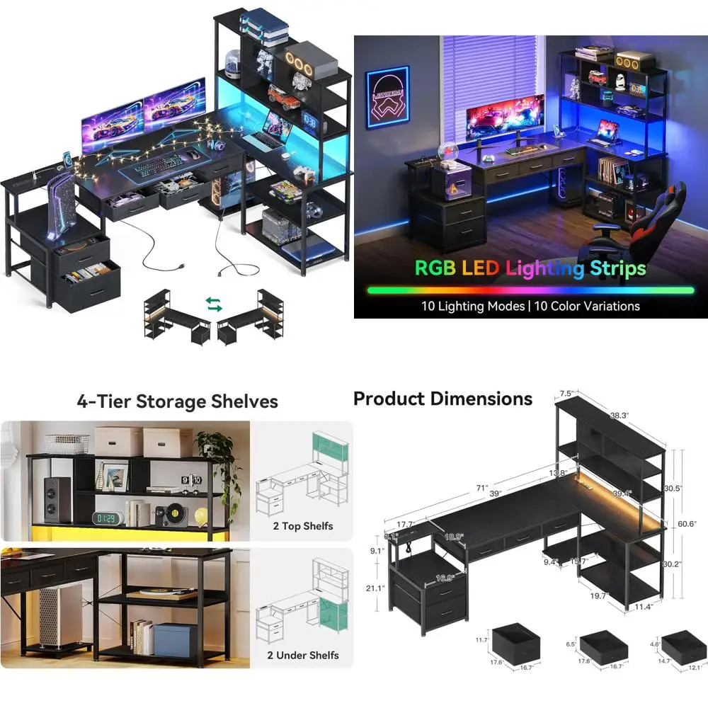 AODK 71 inch L Shaped Desk with 5 Drawers, Reversible L Shaped Gaming Desk with LED Light & 2 Power Outlets, Computer Desk with