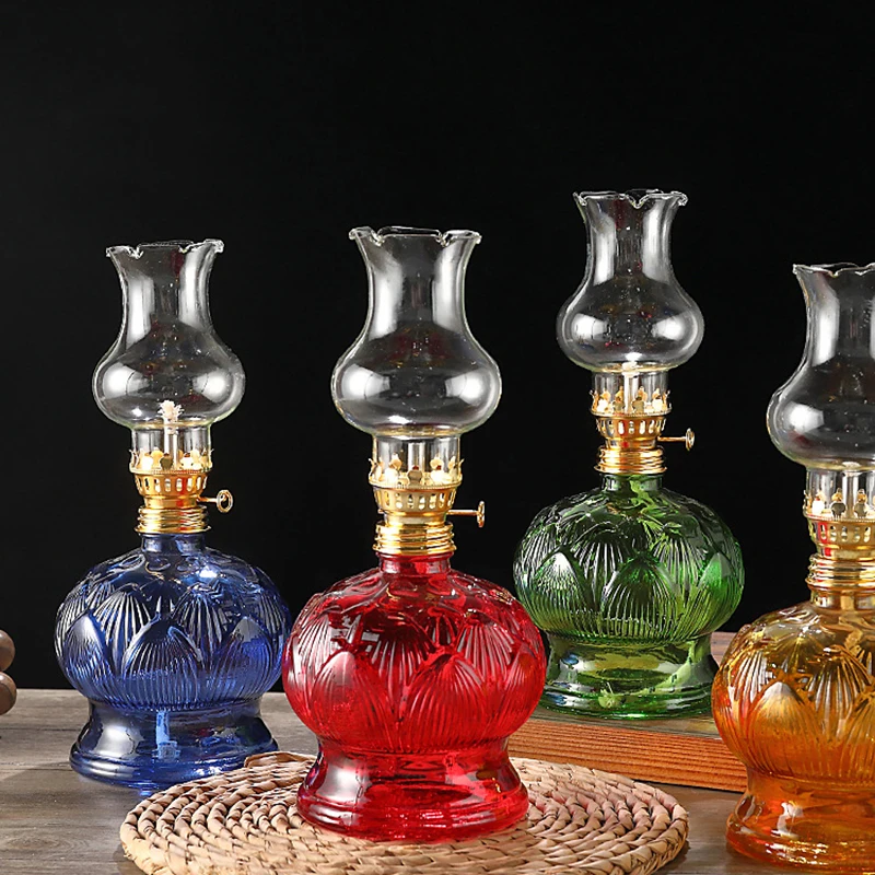 1pc Large Chamber Oil Lamps For Home Decor, Office & Temples Vintage Glass Clear Kerosene Lamp W/ Wick Camping Lighting