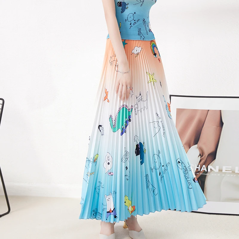 Heißes verkaufendes, hochwertiges Miyake-Falten-Set, elastisches Stretch-Oberteil und breiter Faltenrock, 2-teiliges Set