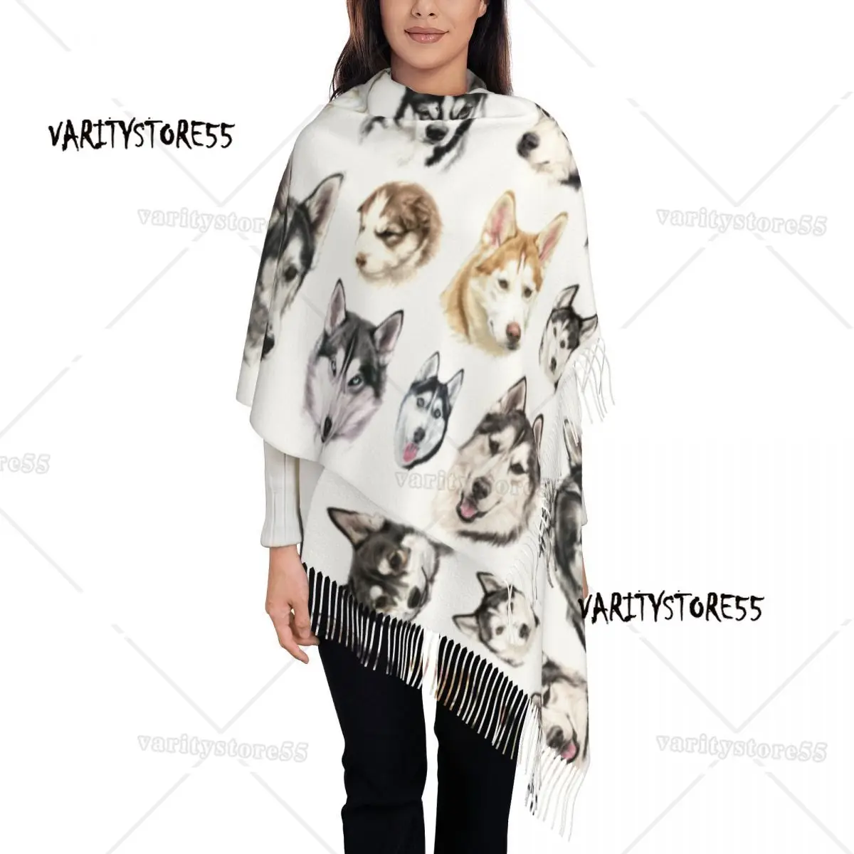 Sciarpa siberiana Husky donna autunno inverno scialle Pashmina avvolgere cane animale 3D bella sciarpa lunga e grande scialle per abito da sera