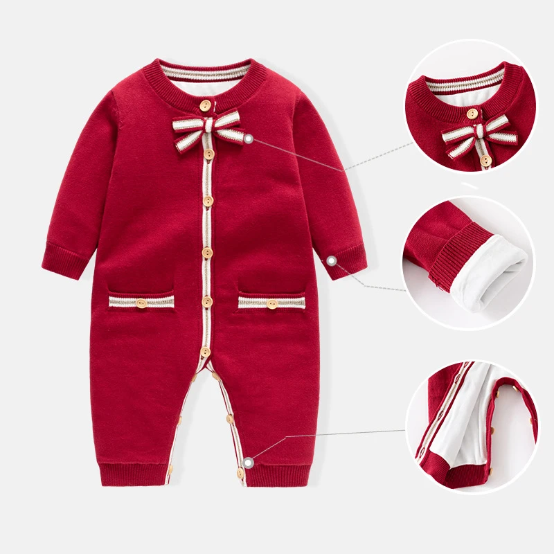 

Новые зимние комбинезоны для маленьких девочек с бантом и аппликацией, утепленные вязаные комбинезоны для маленьких девочек, боди для новорожденных девочек, рождественские