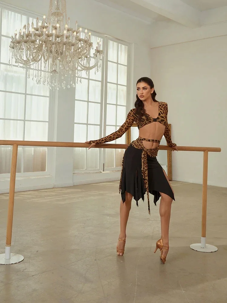 Jupe noire léopard de danse latine sexy, jupe folle