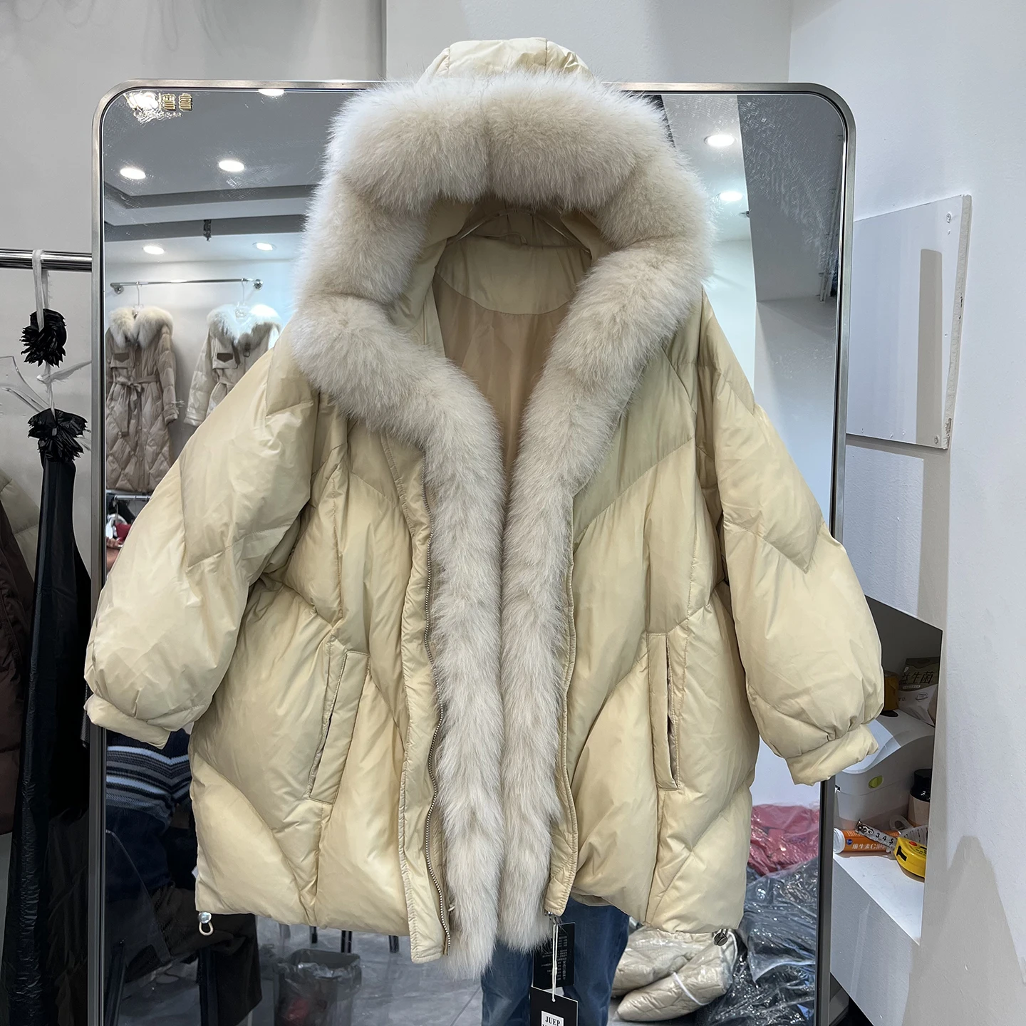 الأوروبية Sle المرأة Thiened طويلة مقنعين أسفل Jaet الفراء طوق عادية Faion ملابس خارجية دافئة منتصف طول معطف مبطّن #3