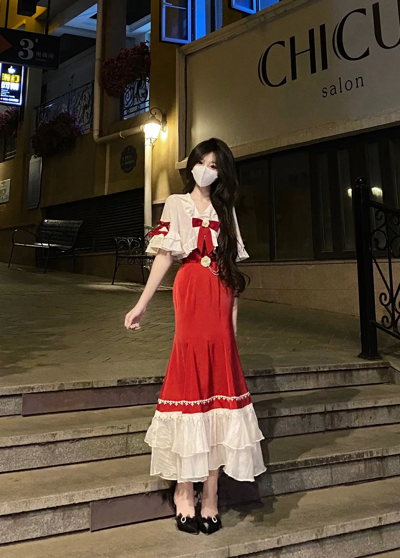 

White Shawl Red Slip Dress