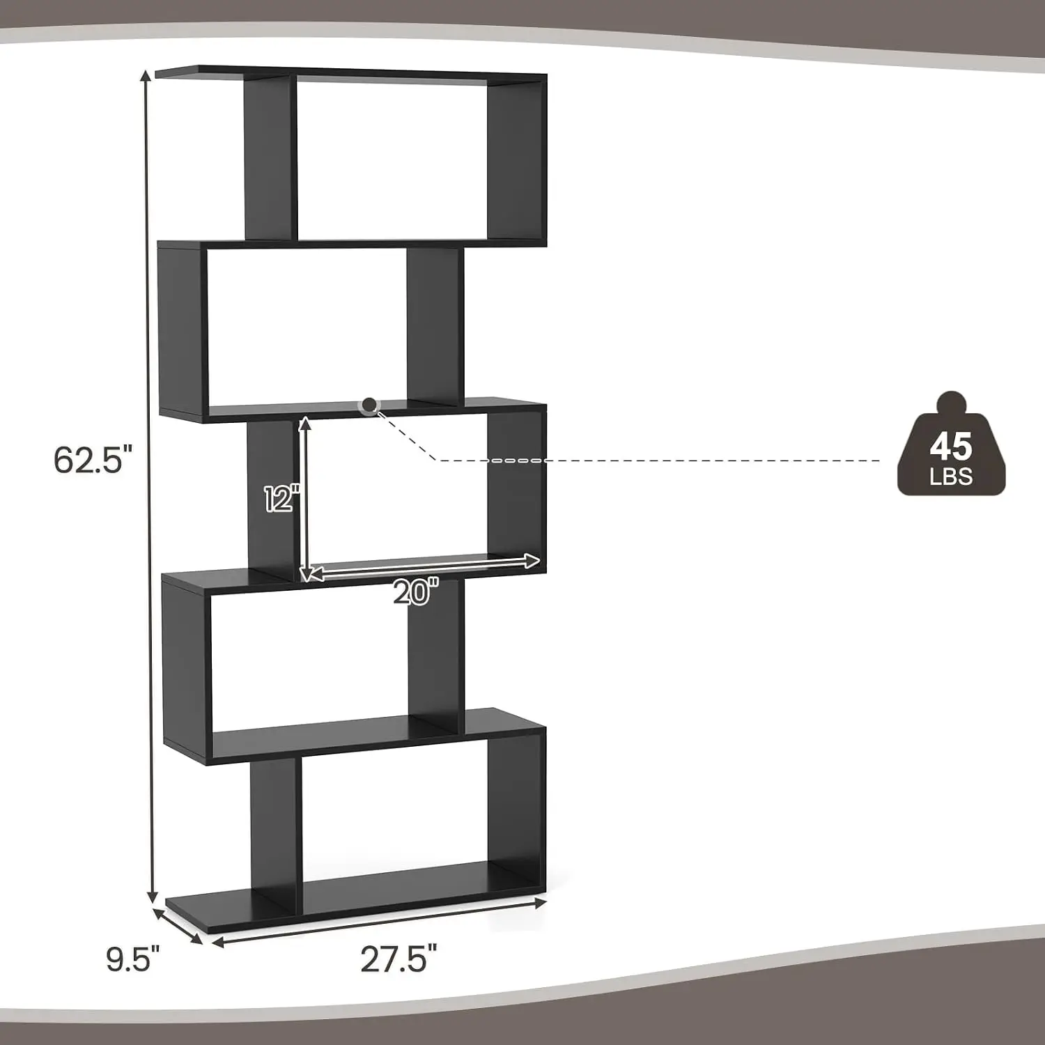5-Tier Geometric Bookshelf Set of 2 Wooden S-Shaped Bookcase Display Storage Home Office, Customized