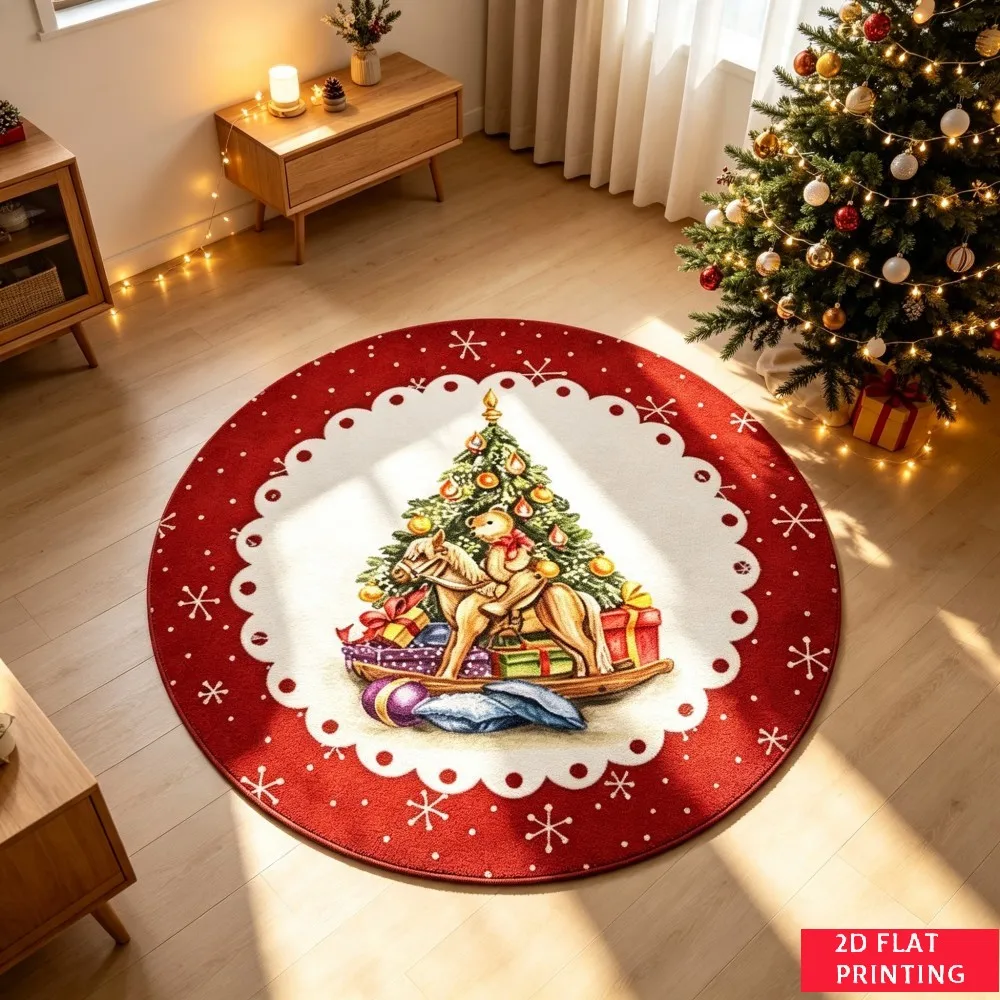 Festive Cardinal Bird Wreath Design Round Carpet For Holiday Entryway Or Dining Area Featuring Plaid Border And Berry Accents