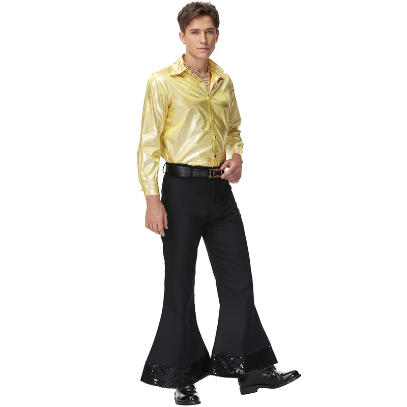Men's Retro Hippie Costume Gold Long Sleeve Shirt Black Bell-bottom Pants Outfit Cosplay Halloween Clothes Disco Stage Clothing