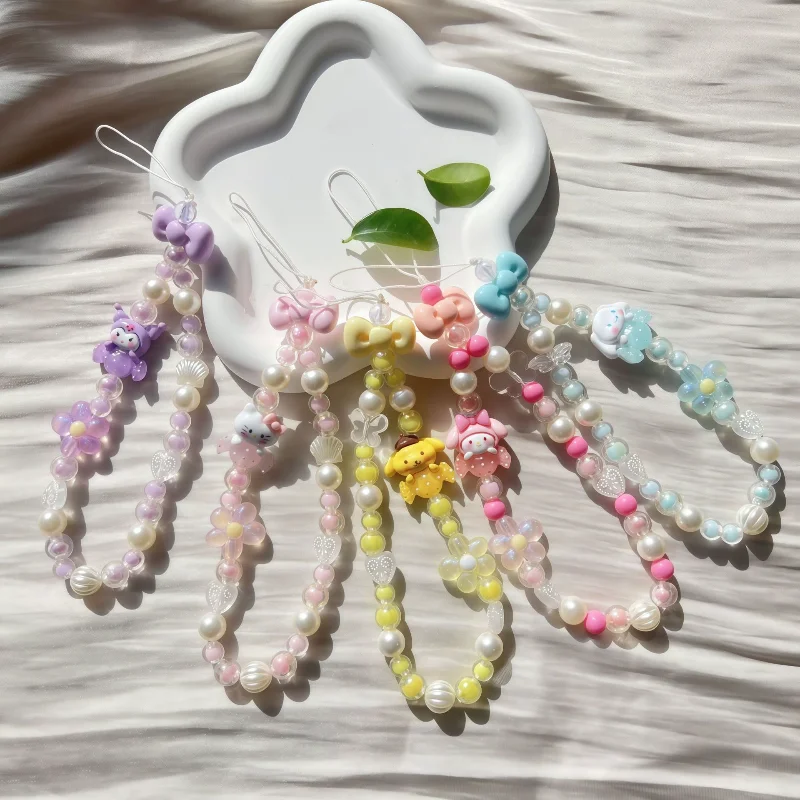 Cute Sanrio Hello Kitty Kuromi Melody Beaded Phone Chain keychain Kawaii Phone Case  Camera Chain Lanyard Jewelry Pendant Gift