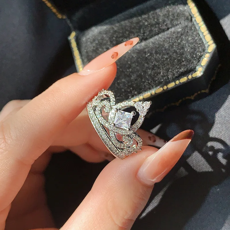 

Princess Crown Zircon Ring, Silver - Plated Pave, Women's Anniversary/Birthday Statement Jewelry